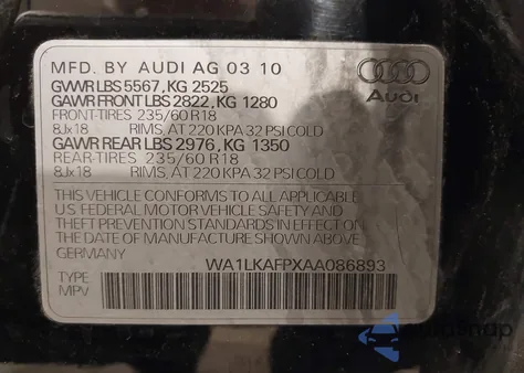 2010 Audi Q5 3.2 Premium z USA, uszkodzony, nr VIN WA1LKAFPXAA086893